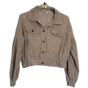 She + Sky Tan Corduroy Cropped Jacket Pleated Puff Sleeve Beige Womens Small